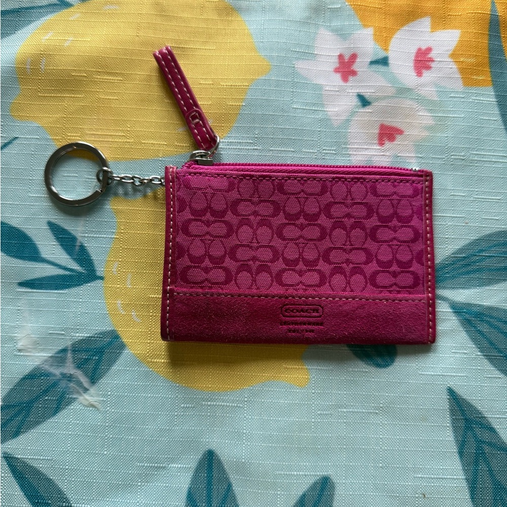 Coach vintage  Hot Pink Signature Zip Card Case with Key Ring small